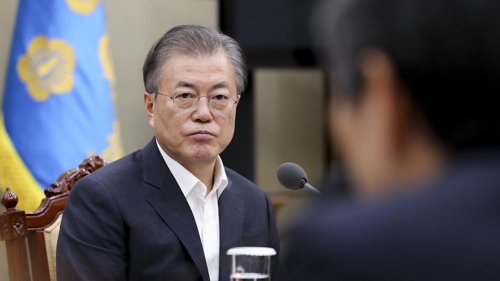South Korea’s president, Moon Jae-in, at a  National Security Council meeting in Seoul on Thursday. Photograph: South Korean presidential Blue House via Getty Images