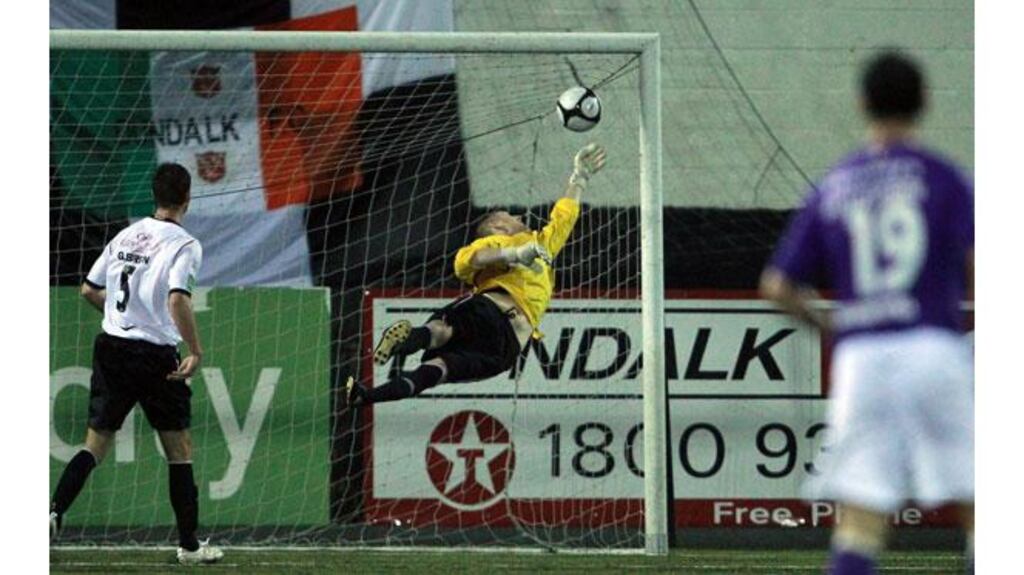 Dundalk goalkeeper Peter Cherrie makes a save during their 5-1 win over league leaders Shamrock Rovers (Photograph: Donall Farmer/Inpho)