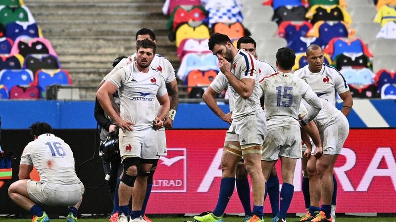 France players look dejected after Scotland’s late winning try in Paris. Photograph: Anne-Christine Poujoulat/Getty/AFP