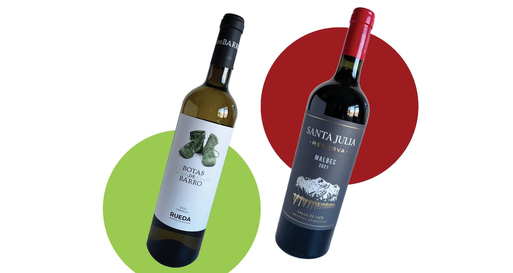 The resh and crisp Botas de Barro Verdejo and the lifted violet aromas Santa Julia Reserva Malbec.