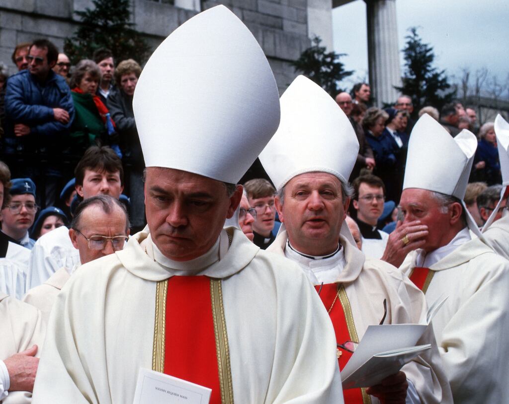 Bishop Eamonn Casey (second right) leaving a requiem Mass in Dublin. Thanks to Casey and his fellow princes of the church, the bishops' power to exert influence for the greater good is dead and gone. It’s with Casey in the crypt of Galway cathedral. Photograph: Eamonn Farrell/RollingNews.ie
