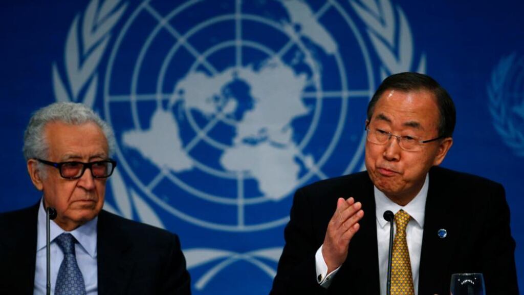 UN secretary general Ban Ki-moon beside UN Arab League envoy for Syria Lakhdar Brahimi after yesterday’s “Geneva II” talks in Montreux. Photograph: Arnd Wiegmann/Reuters