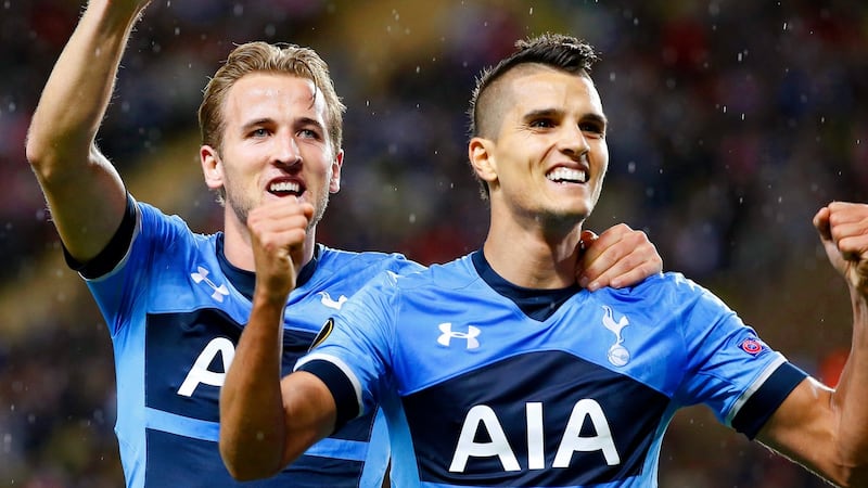 Tottenham’s Erik Lamela celebrates with his team-mate Harry Kane after scoring a goal in the Europa League match against Monaco at Stade Louis II. Photograph: Sebastien Nogier/EPA