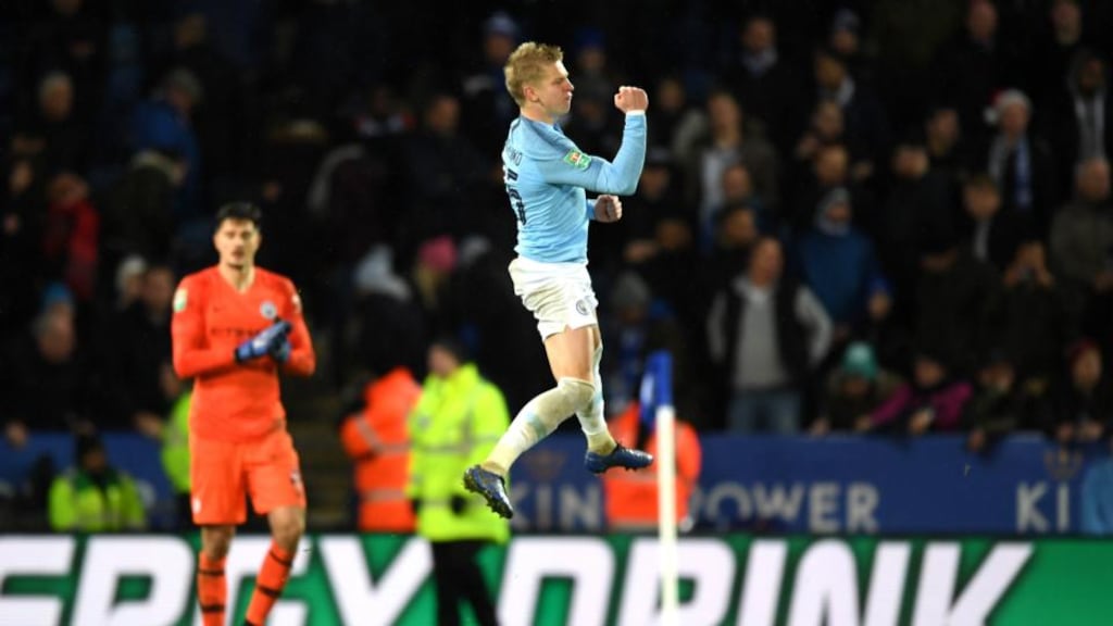 Oleksandr Zinchenko celebrates scoring Manchester City’s fourth and winning penalty in the shoot-out against Leicester City in the Carabao Cup quarter-final at the King Power stadium. Photograph: Shaun Botterill/Getty Images