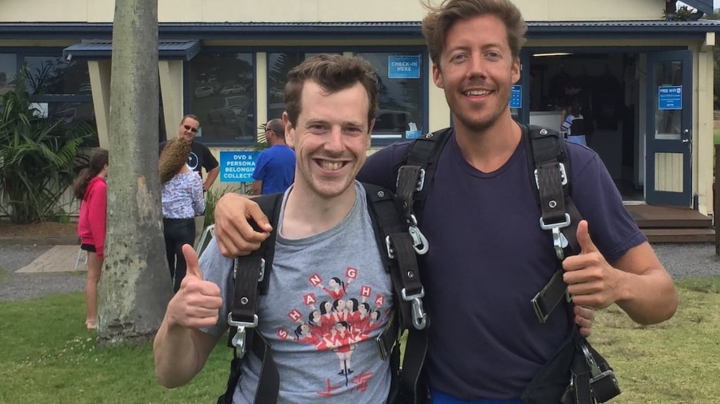 Jonathan Drennan (left) in Sydney: ‘After nearly two years in this beautiful city, I feel settled and happily in a routine. I did stand-up comedy, sky dived, completed an Ironman triathlon and played senior Australian football.’