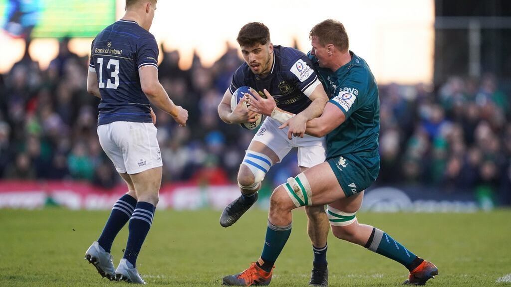Leinster’s Jimmy O’Brien is tackled by Connacht’s Gavin Thornbury during the Heineken Champions Cup Round of 16, first-leg match at the Sportsground. Photograph: Brian Lawless/PA Wire