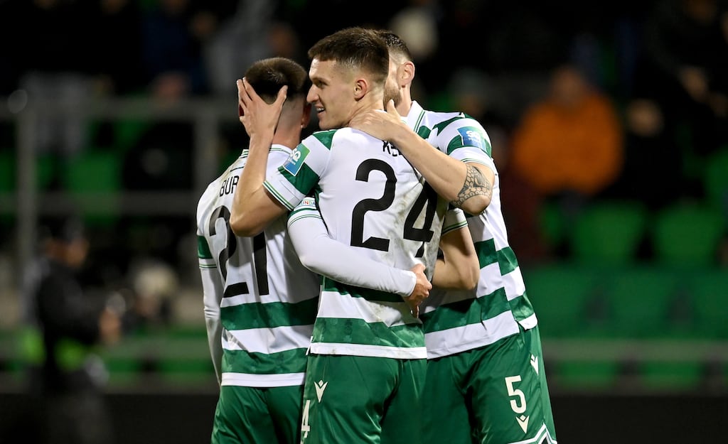 Johnny Kenny of Shamrock Rovers celebrates scoring his team's third goal with team-mates Darragh Burns and Lee Grace during the Uefa Conference League victory over FK Borac at Tallaght Stadium. Photograph: Charles McQuillan/Getty Images
