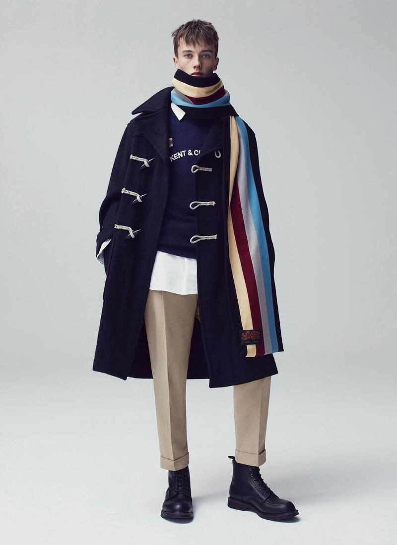 Wool duffel coat €1,205, sailor knit €625, tunic shirt €215, rose T-shirt €85, military pleat trousers €275, all from Kent & Curwen