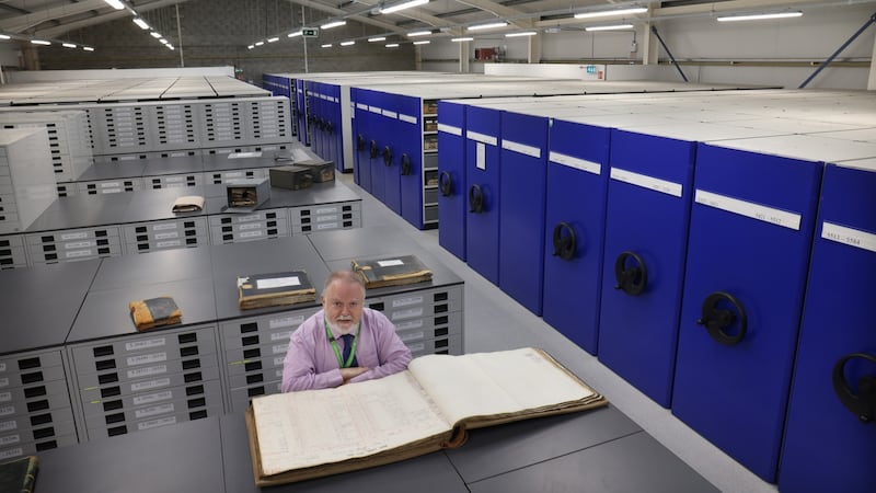 Conor Gallagher, keeper of the Land Commission files, at the Portlaoise warehouse where they are stored. Photograph: Bryan O’Brien