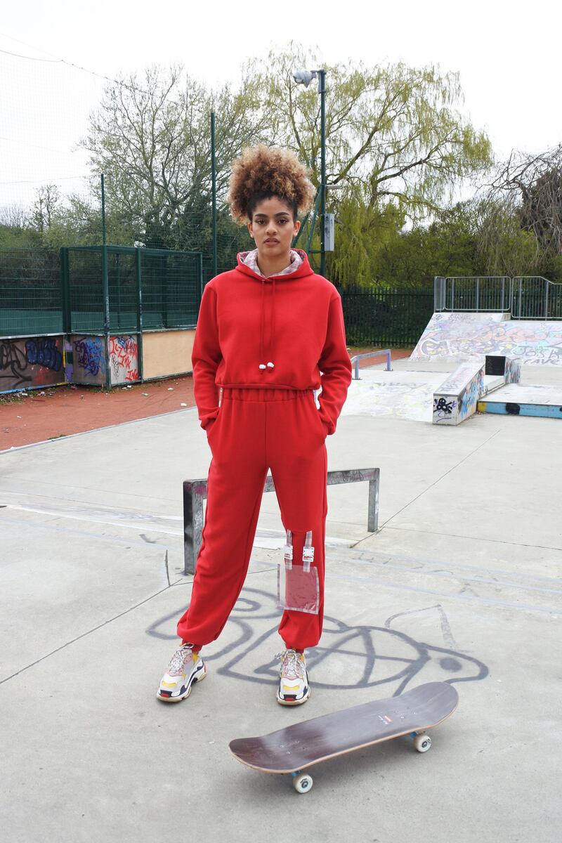 Red tracksuit bottoms €55, red hoodie €68