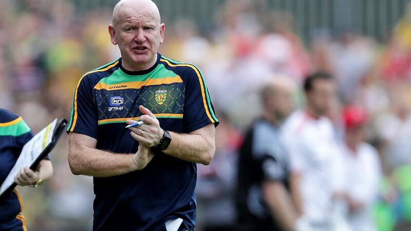 Declan Bonner: “It’s crazy, I don’t know how 10 men can sit around a table and come up with the three handpass rule. They can’t have much to do,” says the Donegal manager. Photograph: Laszlo Geczo/Inpho