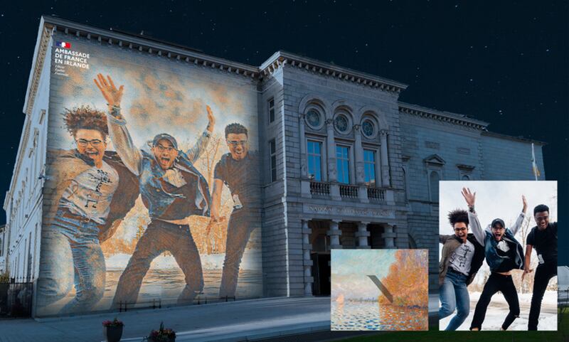 Culture Night 2022 Painting Mirror National Gallery and French Embassy building projections. Group of friends stylised as Argenteuil Basin with a Single Sailboat by Claude Monet part of the NGI collection, credit Maxime Touroute.png