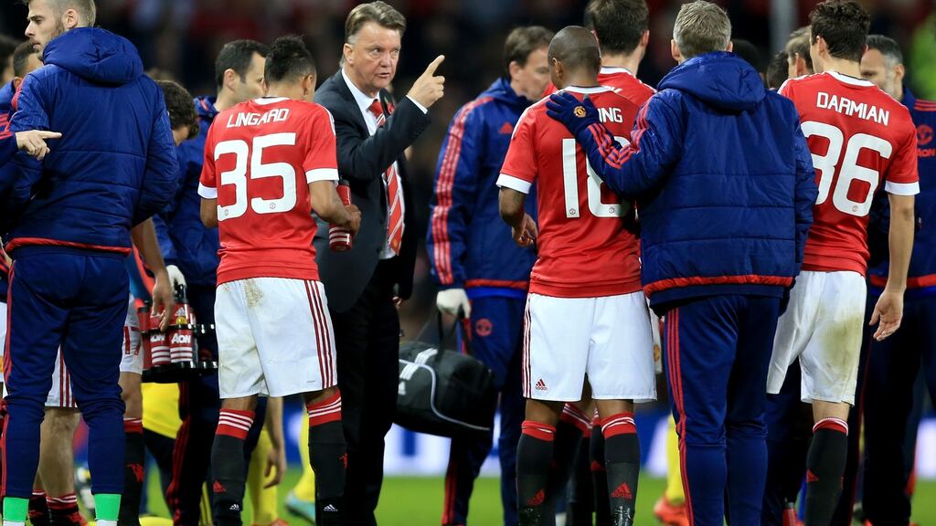 Manchester United manager Louis Van Gaal gives instructions to his players. Photograph: Nigel French/PA