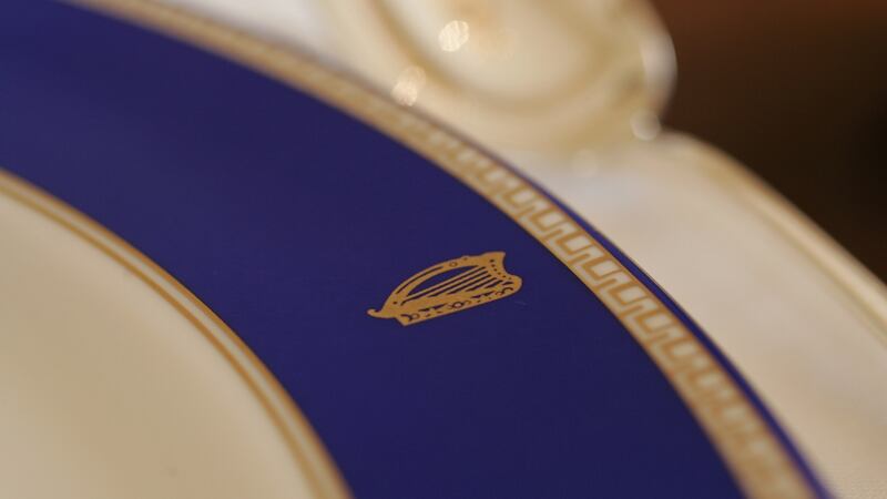 The official harp symbol on a dinner plate at Áras an Uachtaráin. The harp’s unifying credentials remain impeccable and would surely feature as part of any new Irish flag. Photograph: Frank Miller/The Irish Times.