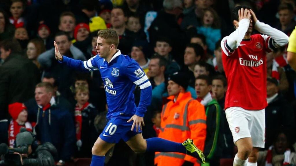 Everton’s Gerard Deulofeu celebrates after scoring the equaliser against Arsenal at the Emirates. Photograph: Andrew Winning/Reuters.