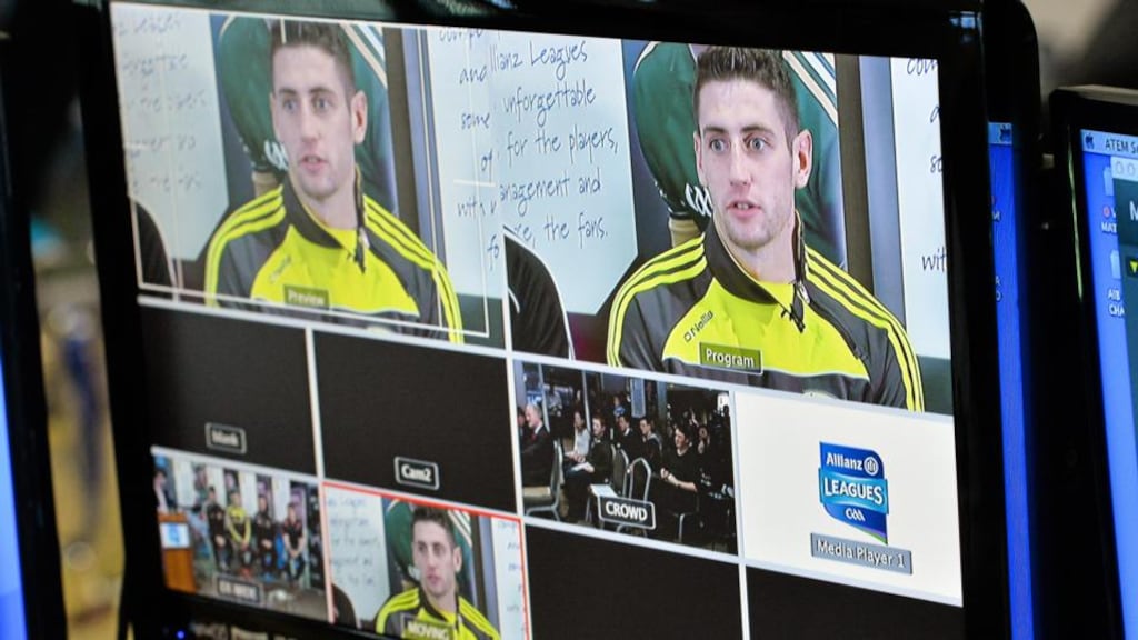 Paul Geaney, Kerry, is seen on a screen during a live webcast of the launch of the 2015 Allianz Football Leagues in Croke Park. The opening weekend of the Allianz Football League will see Kerry host Mayo in Fitzgerald Stadium, Killarney on Sunday. Photograph: Brendan Moran/Sportsfile