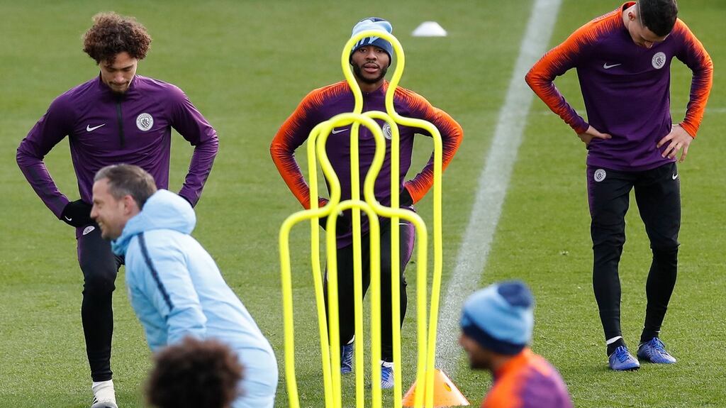 Manchester City’s Raheem Sterling trains ahead of his side’s trip to play Lyon. Photograph: Martin Rickett/PA