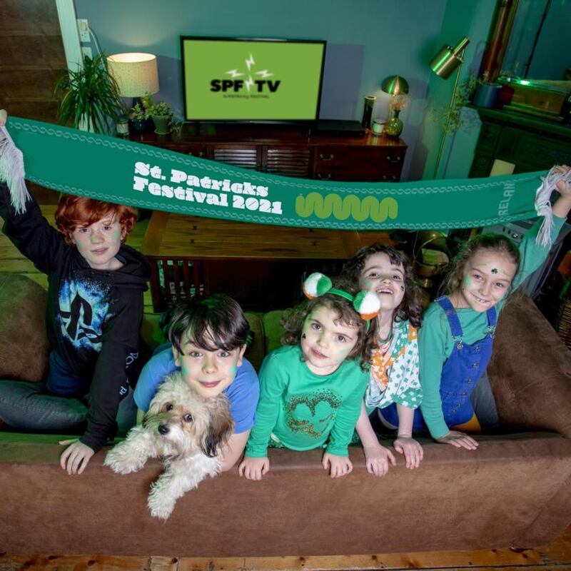 Arlo Screenan, Noah Connolly, Lily and Aisling Blighe, and Maisie Connolly get set for St Patrick’s Festival 2021. Photograph: Allen Kiely