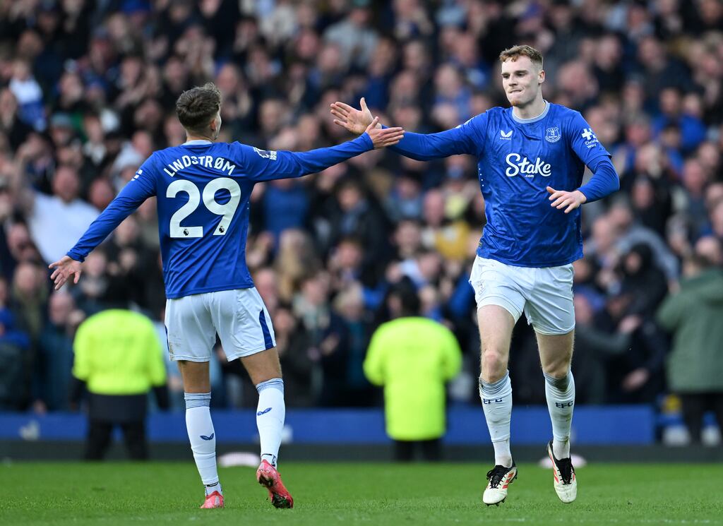 Jake O'Brien celebrates scoring a late equaliser against West Ham with Everton team-mate Jesper Lindstrom during the Premier League match at Goodison Park. Photograph: Michael Regan/Getty Images