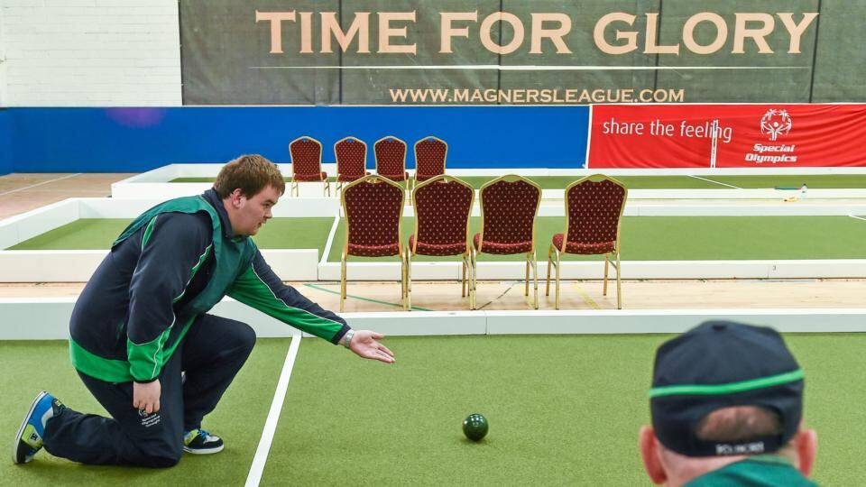 Mark Bolger from Galway City competes for Team Connaught in the bocce doubles competition. Photograph: Diarmuid Greene/Sportsfile