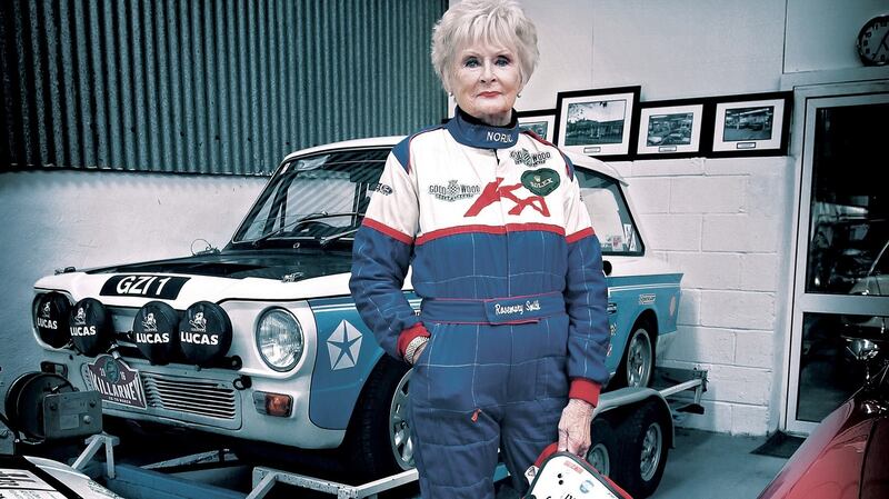 Rosemary Smith, a rally driver who has completed the rallies of Monte Carlo, the Circuit of Ireland, the Safari, London-Mexico, and the epic 17,000km London-Sydney. She is the only woman ever to win the Dutch ‘Tulip’ Rally (in 1965). Detail from photograph by Beta Bajgart for her exhibition A Woman’s Work