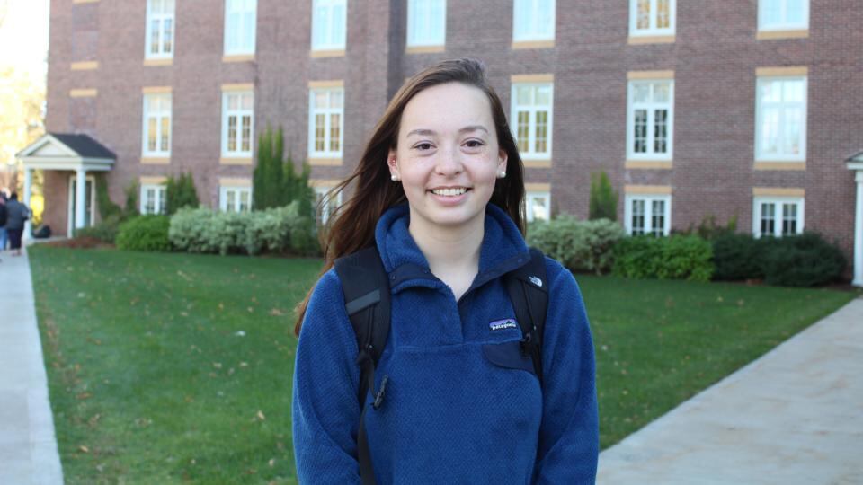 Bridget Philipps (19) at St Anselm College in Manchester, New Hampshire on Monday. “I am going to vote for Hillary Clinton because I have Democratic beliefs and I am strongly opposed to Donald Trump and I don’t want him to win.” Photograph: Simon Carswell