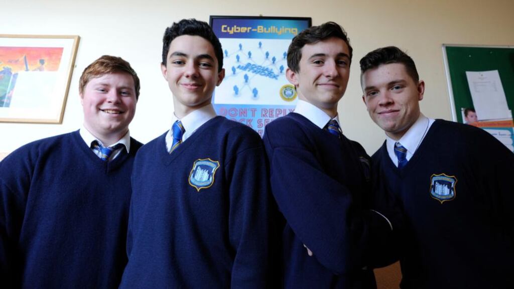 5th and 6th-year students in Drimnagh Castle who are involved in an anti-cyberbullying campaign, Let’s Kick it Out. Pictured from left: Eoin Byrne, Emmet Farrell, Thomas Maguire and Shaun McDonnell. Photograph: Dave Meehan
