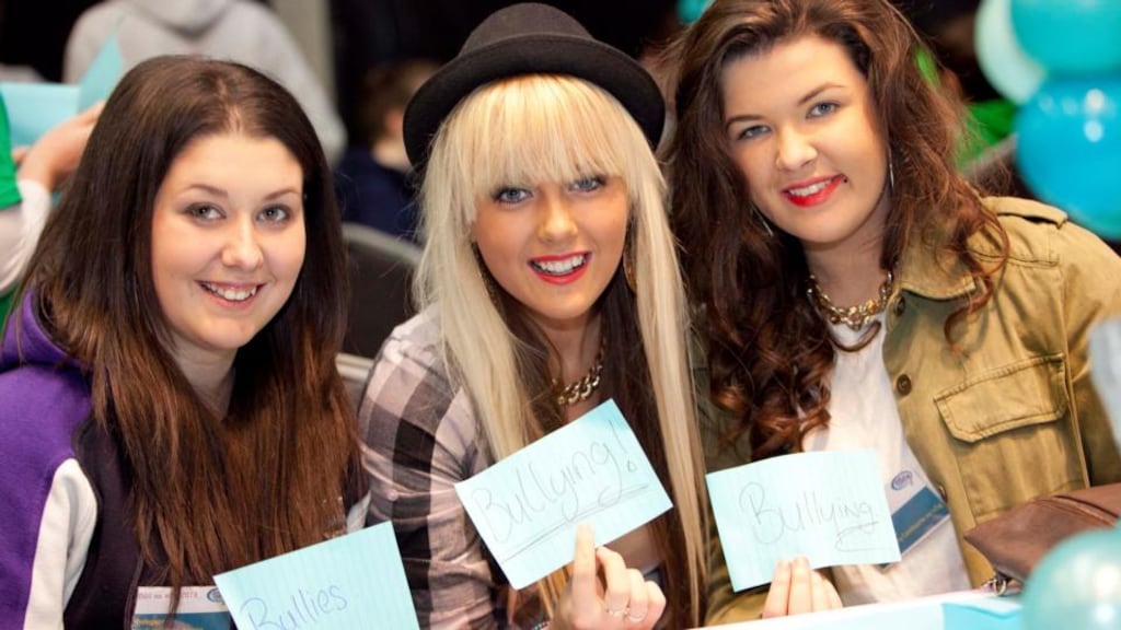 Keely Bourke from Limerick City Comhairle na nOg with Amy Costello and Amy Keating both from Limerick County Comhairle na nOg at the ‘Let’s Talk About Mental Health’ National Youth Parliament held in Croke Park today. Photograph: Chris Bellew/Fennell Photography