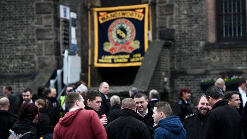 Prison guards stand outside Wandsworth Reform Prison in London during an unofficial strike this week to protest over staffing levels and health & safety issues. Photograph: Dylan Martinez/Reuters