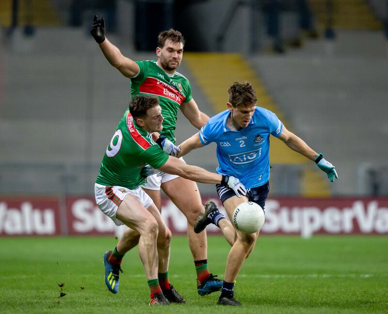 Michael Fitzsimons vies for the ball with Mayo's Matthew Ruane and Aidan O’Shea in the 2020 All-Ireland final. Photograph: Morgan Treacy/Inpho
