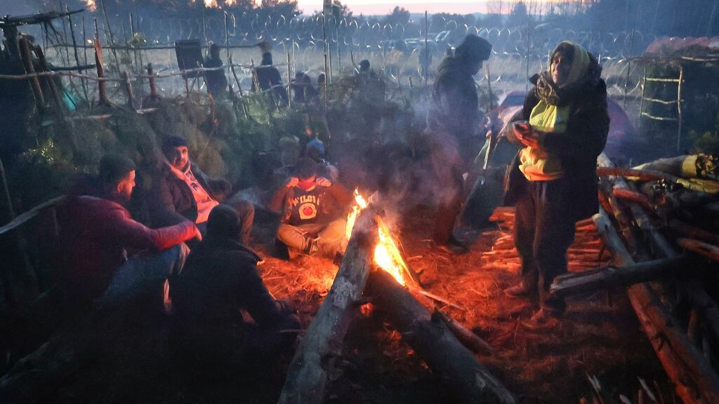 Migrants at the Belarus-Poland border near Grodno, Belarus. Photograph: Ramil Nasibulin/BelTA pool photo/AP