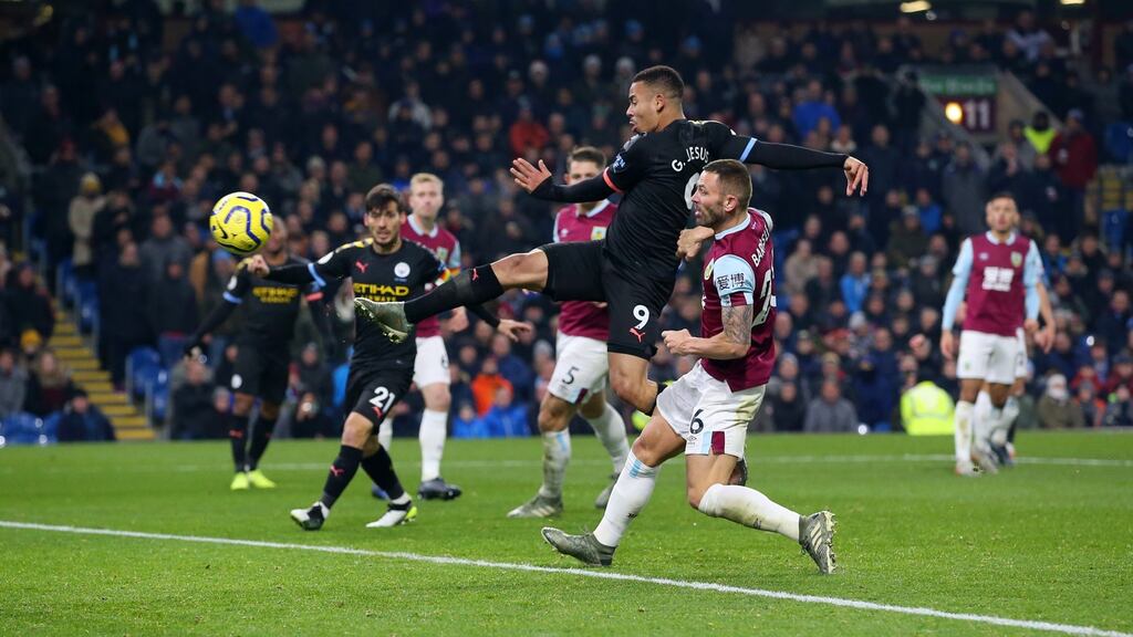 Gabriel Jesus of Manchester City scores his second goal during the Premier League match against Burnley at Turf Moor. Photograph: Alex Livesey/Getty Images