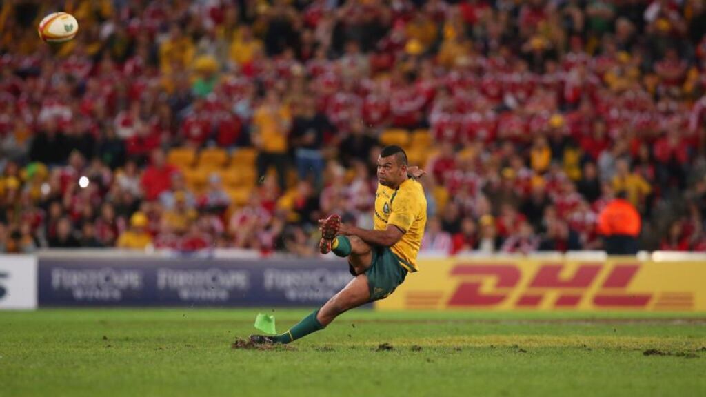 Australia’s Kurtley Beale slips while kicking the last-minute penalty in the first Test defeat to the British and Irish Lions in Brisbane. Photograph: Chris Hyde/Getty Images