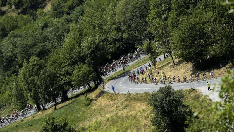 The Tour de France peloton during the 19th stage between Saint-Jean-de-Maurienne and La Toussuire in the French Alps. Photograph: Elionel Bonaventure/AFP/Getty Images