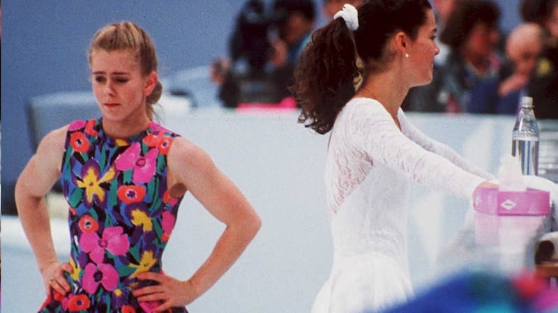 Tonya Harding and Nancy Kerrigan avoid each other during a training session in Norway. Photograph: Vincent Amalvy/AFP via Getty