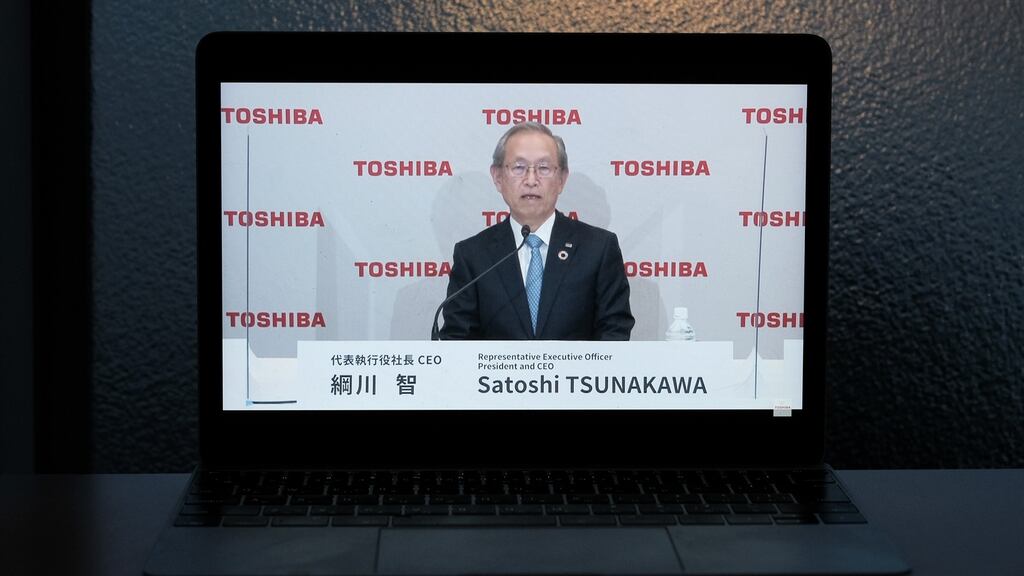 Satoshi Tsunakawa, president of Toshiba, during the company’s earnings announcement in Tokyo on Friday. Photograph: Soichiro Koriyama/Bloomberg