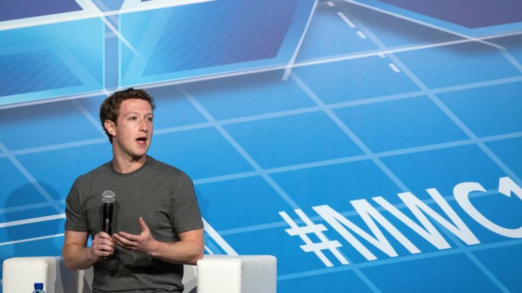 Mark Zuckerberg, chief executive officer of Facebook, speaks during a keynote session on the opening day of the Mobile World Congress in Barcelona, Spain. Photograph: Simon Dawson/Bloomberg