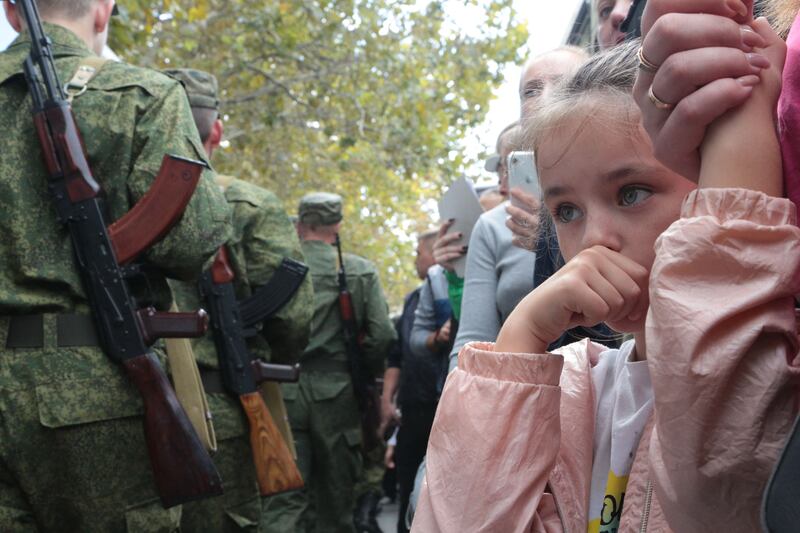 Reservists drafted to fight in Russia's war in Ukraine attend a departure ceremony in Sevastopol, Crimea, on Tuesday. Photograph: AFP via Getty Images