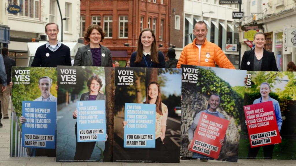 Gay and Lesbian people asking for a Yes vote on Grafton Street, Dublin. From left: David Caron, Dublin; Sandra Irwin-Gowran, Mullingar; Celeste Roche, Dublin; and John Curran and Sarah Gilligan, both Dublin. Photograph: Cyril Byrne/The Irish Times
