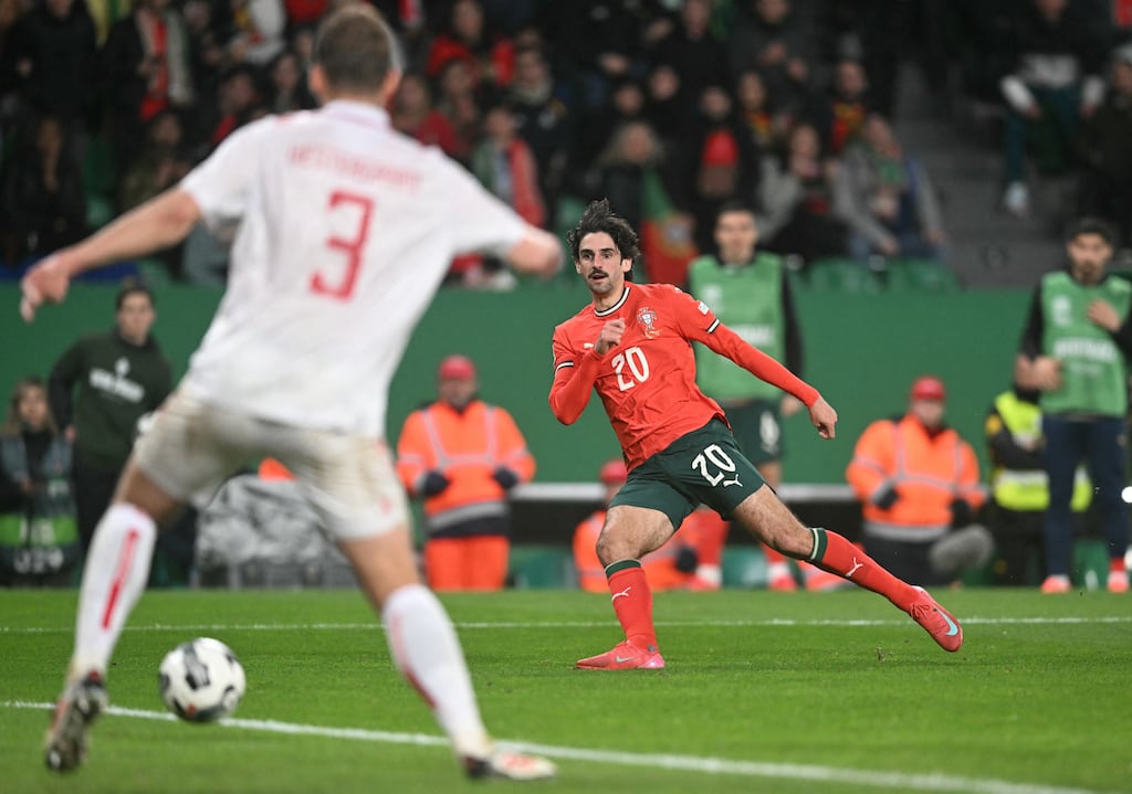 Francisco Trincão scores Portugal's fourth goal during extra-time in the Uefa Nations League quarter-final against Denmark at the Jose Alvalade stadium in Lisbon. Photograph: Patricia De Delo Moreira/AFP via Getty Images