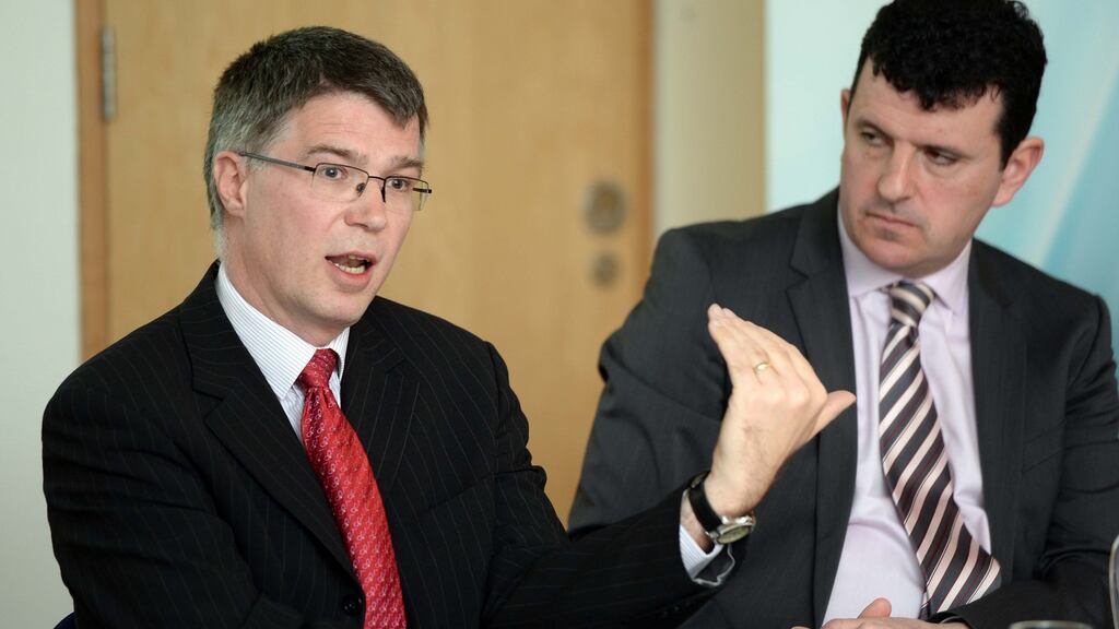 David Duffy (left) QEC author and co-author Kieran Quinn, speaking at the publicatioin of the ESRI Quarterly Economic Commentary 2015. Photograph: Eric Luke/ The Irish Times