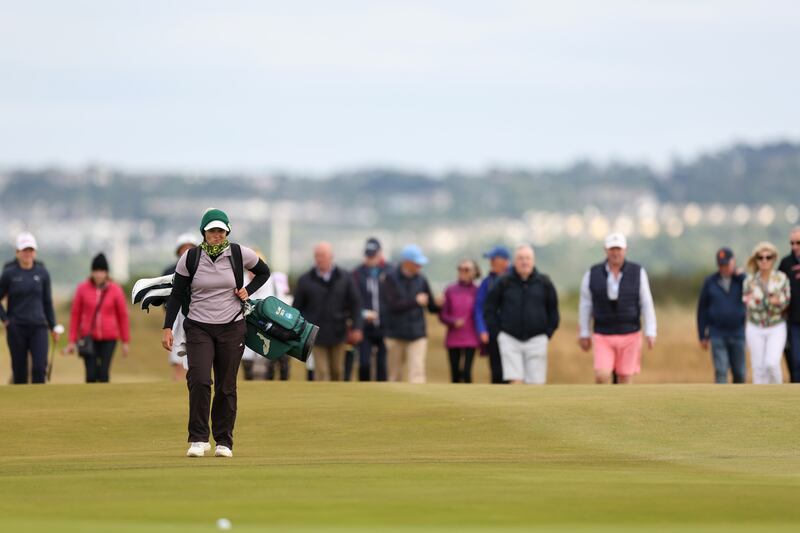 Melanie Green of the US carries her own bag during her victory over Danish teenager Marie Eline Madsen in the semi-finals of the Women's Amateur Championship at Portmarnock GC. Photograph: Oisin Keniry/R&A/R&A via Getty Images