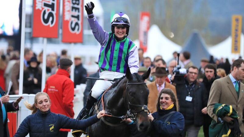 Domesday Book ridden by jockey Gina Andrews after winning the Fulke Walwyn Kim Muir Challenge Cup at Cheltenham. Photograph: Mike Egerton/PA Wire