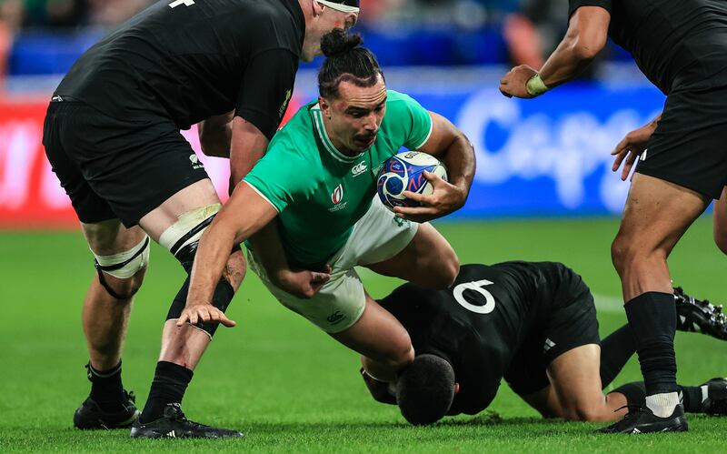 Ireland’s James Lowe during the World Cup quarter-final defeat to New Zealand. Photograph: Billy Stickland/Inpho