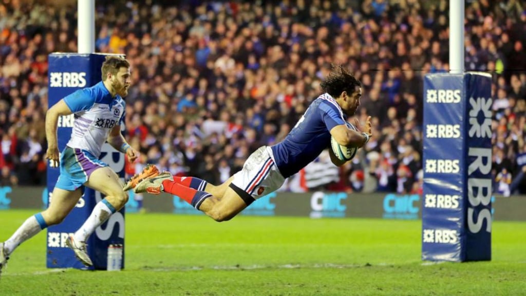 France’s Yoann Huget goes over for his try in the Six Nations clash against Scotland at Murrayfield. Photograph: Morgan Treacy/Inpho
