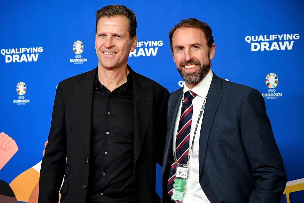 German national soccer team's managing director Oliver Bierhoff and England's manager Gareth Southgate. Photograph: Sascha Steinbach/EPA
