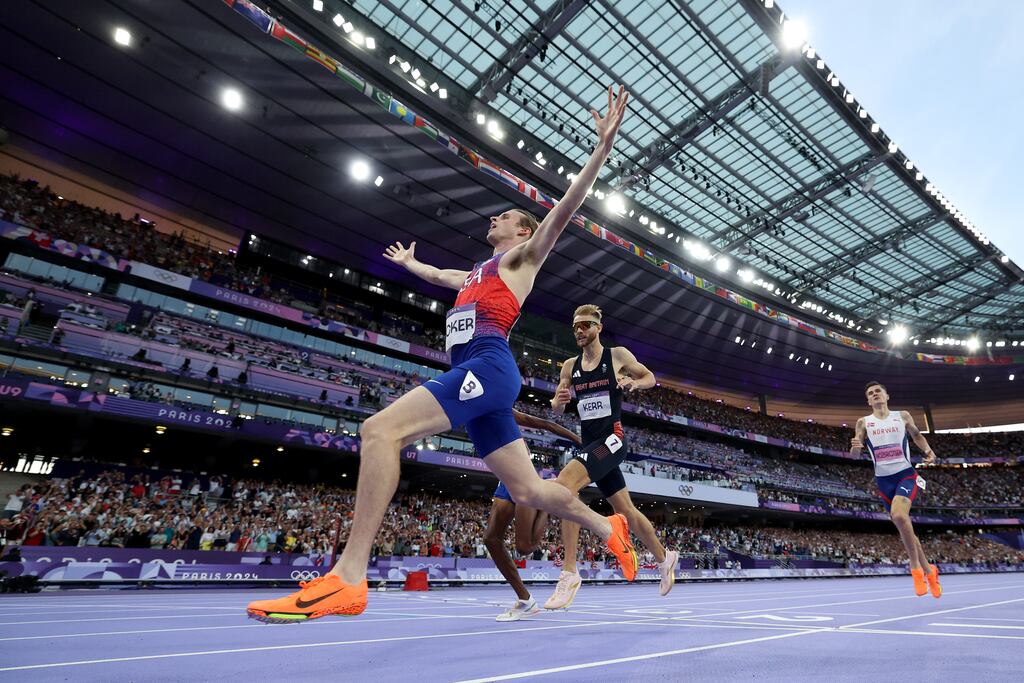 Cole Hocker of the United States celebrates winning the gold medal in the men's 1,500m final ahead of Great Britain's Josh Kerry, with Yared Nuguse of the US third and Jakob Ingebrigsten in fourth. Photograph: Patrick Smith/Getty Images