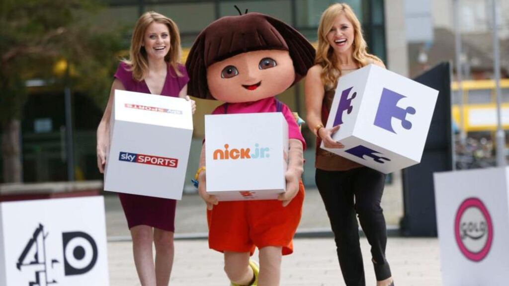 Dora The Explorer with Rachel Wyse of Sky Sports News and Karen Koster of TV3’s Xposé at the launch of Sky Ireland’s catch up TV service. Photograph: Robbie Reynolds