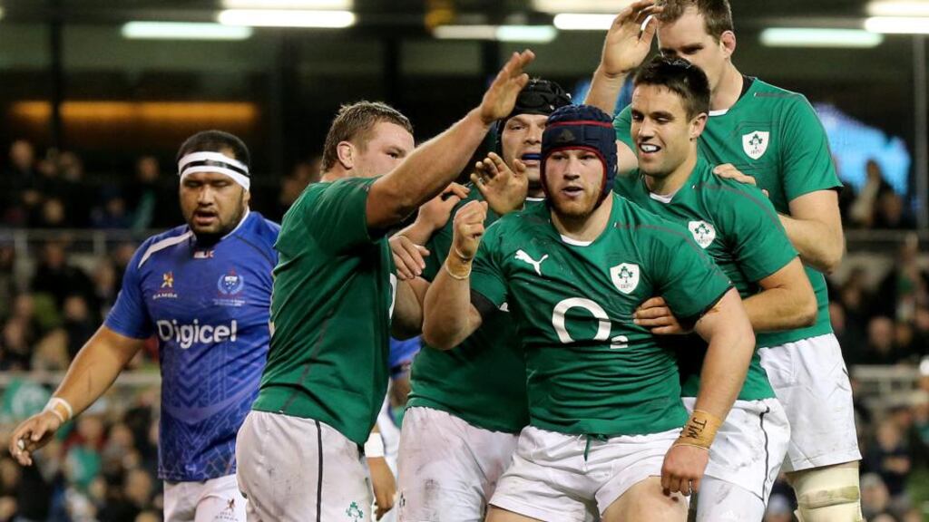 Jack McGrath, Mike Ross, Conor Murray and Devin Toner congratulate Seán O’Brien after his try against Samoa last week. Photograph: James Crombie/Inpho