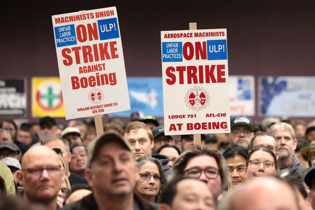 A costly machinist strike, halting production of most Boeing aircraft and costing the company about $50 million a day, entered its sixth week on Friday. Photograph: Getty